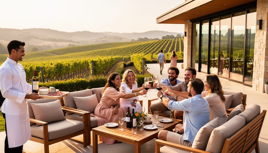 Group of Brazilian tourists celebrating with wine glasses at vineyard terrace during sunset