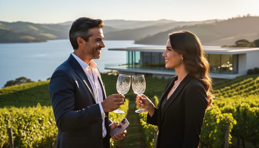 Brazilian couple in elegant attire toasting with wine on a vineyard terrace at sunset, with a lake and rolling hills in the background and a smartphone held discreetly.