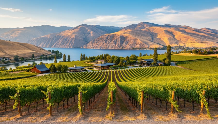 Aerial view of terraced vineyard rows in Okanagan Valley with lake and mountains