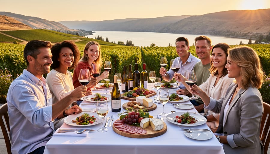 Elegant wine and food pairing at Okanagan Valley restaurant with vineyard view