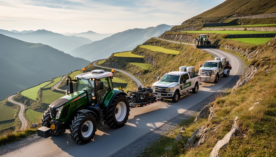 Farm truck hauling specialized agricultural equipment on a gravel road toward elevated fields