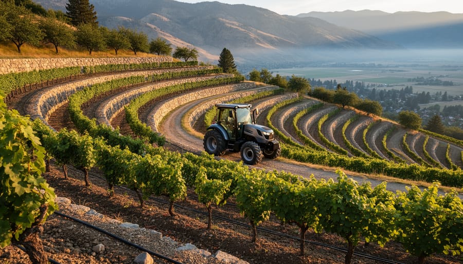 A low-center-of-gravity tractor working a terraced hillside vineyard with stone bench walls and irrigation channels in the Okanagan valley.