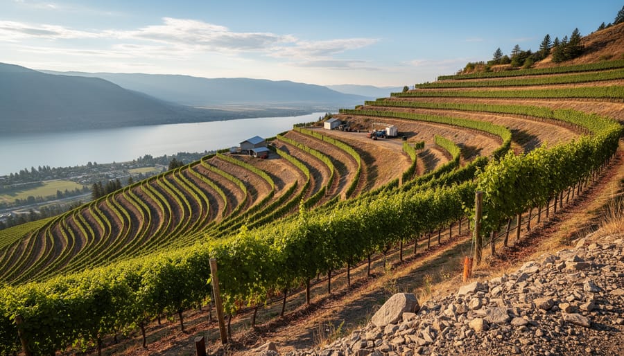 Terraced hillside vineyard rows on sloped bench land with green vines and dark soil