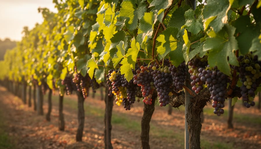 Close-up of grapevine leaves and grape clusters on a trellised row