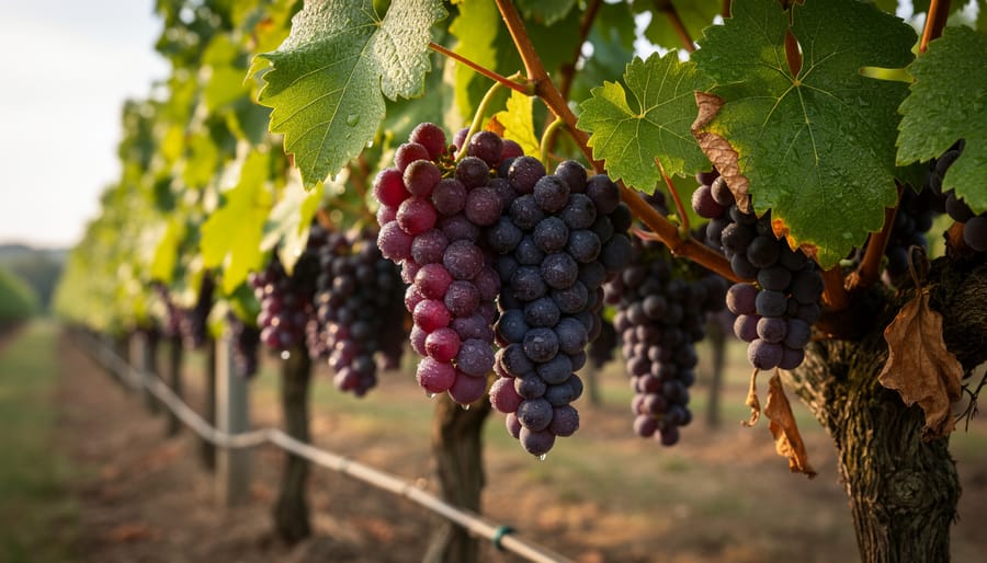 Drip irrigation emitters along a grapevine row in a vineyard