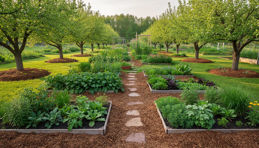 Gardener kneeling next to a mulched permaculture planting bed with companion plants and wildflowers