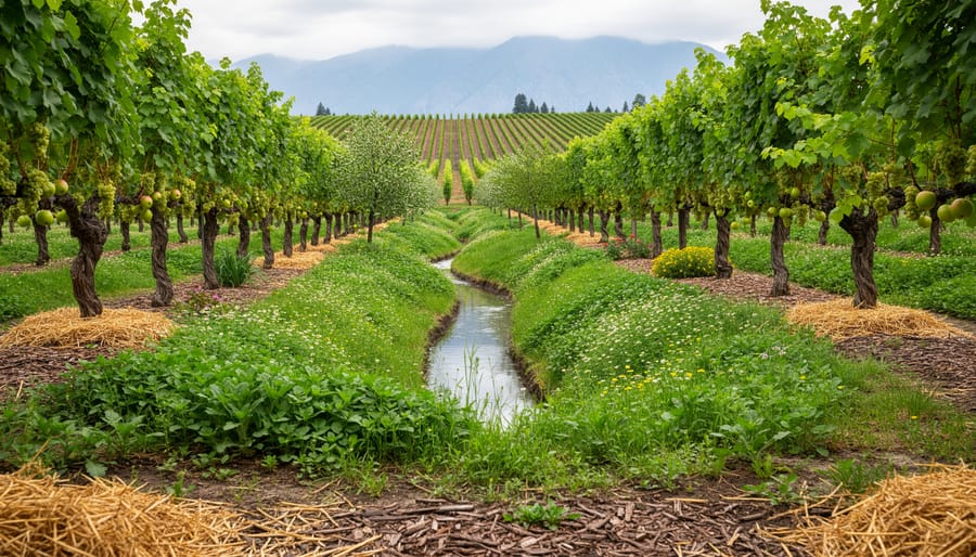 Permaculture-inspired vineyard in the Okanagan Valley with cover crops between vine rows, mulched soil, and an earth swale catching runoff near fruit trees.