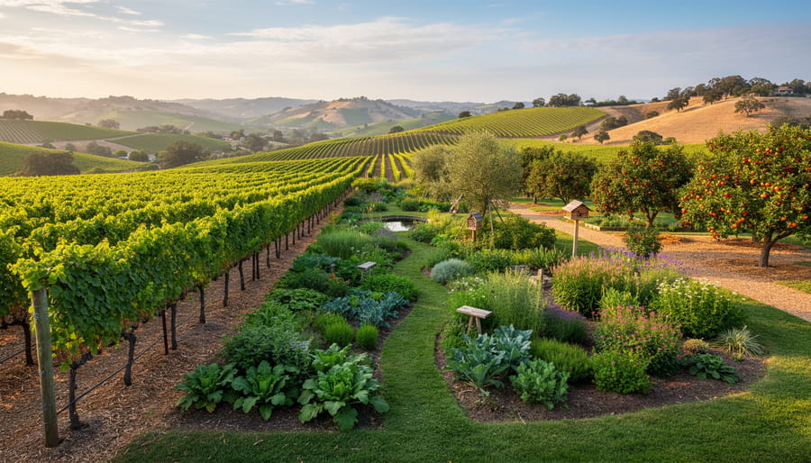 Okanagan vineyard hillside with lush diverse planting resembling a food forest blending into the landscape