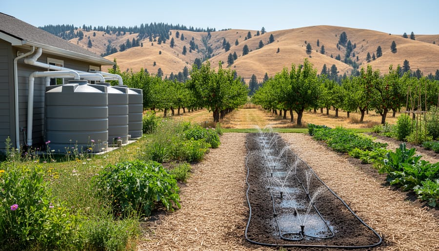 Rainwater barrel and drip irrigation feeding drought-tolerant plants in a permaculture garden