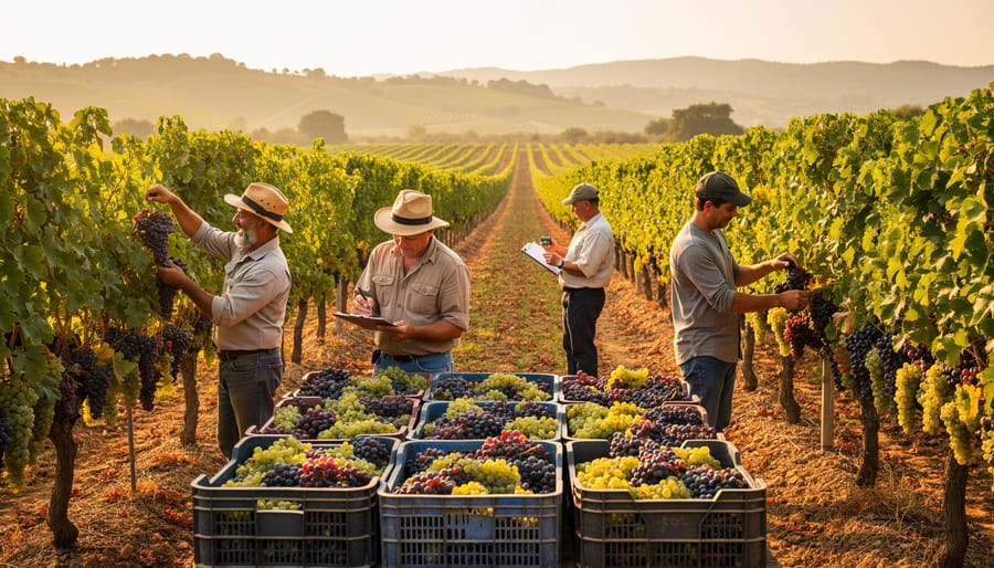 Vineyard workers carrying grape-picking baskets during harvest in warm sunlight
