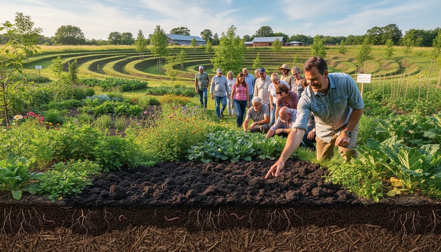 Visitors and a permaculture farmer walking through a mulched orchard tour area