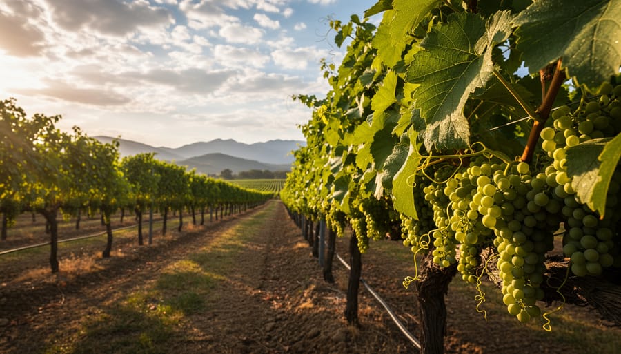 Sunlit grapevines growing on a trellis in a temperate vineyard with softly blurred hills and mountains in the background.
