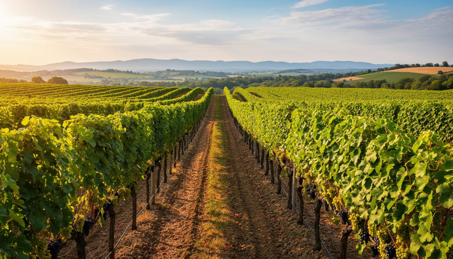 Wide view of sunlit grapevines growing in vineyard rows on a sloped hillside