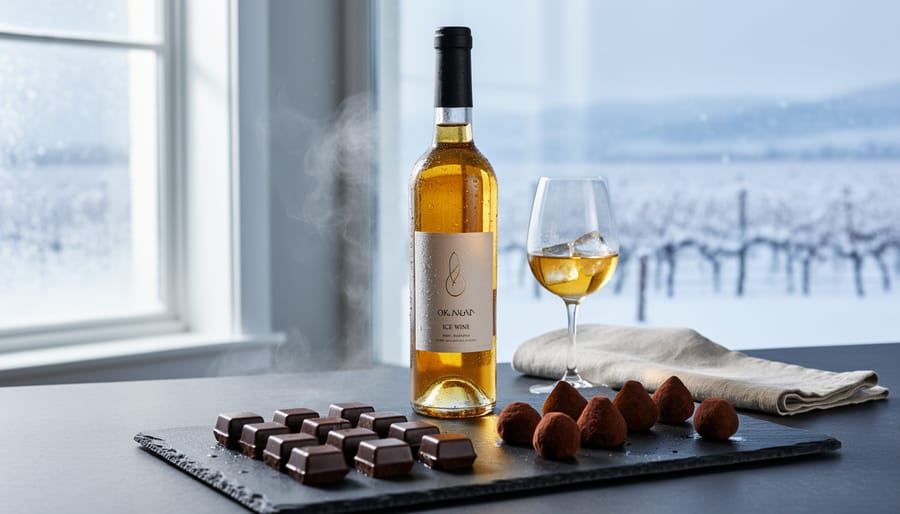 Ice wine bottle and dark chocolate pieces arranged on a tasting slate in a winter winery setting