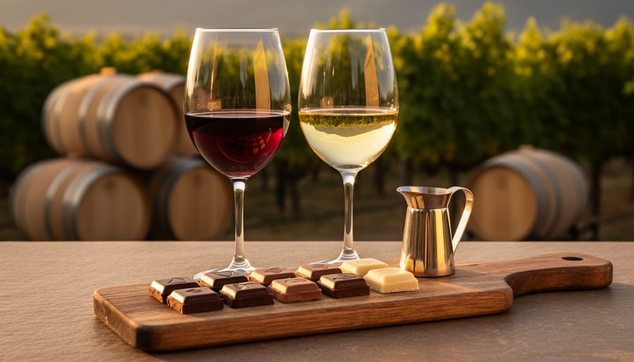 Two wine glasses with red and white wine alongside a wooden board of assorted dark, milk, and white chocolate squares in a winery setting.