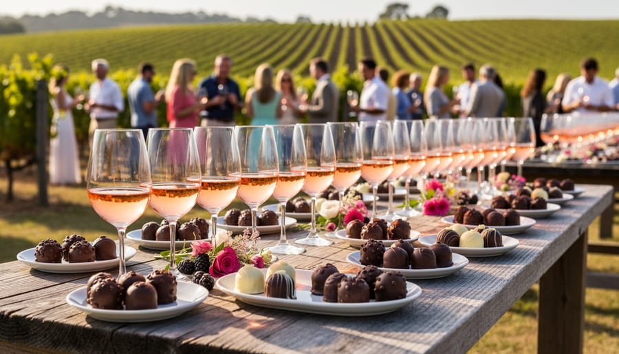 Outdoor rosé and chocolate tasting at a vineyard festival with wine glasses and dessert bites in golden-hour light