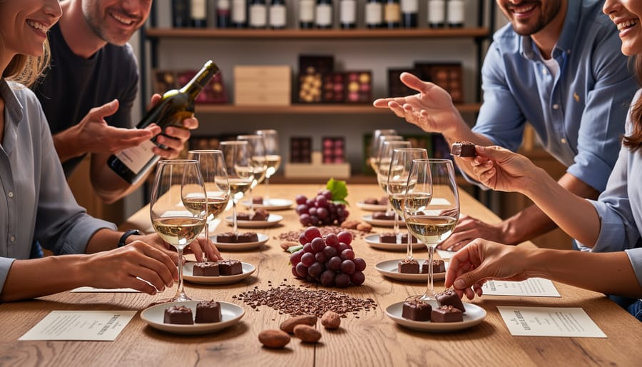Sommelier-led wine and chocolate pairing with wine glasses and plated chocolate on a wooden table