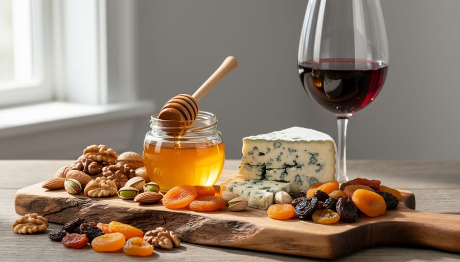 A rustic pairing table with honey, walnuts, dried figs, blue cheese, and red Zinfandel.