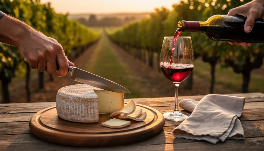 People slicing aged cheese and pouring red Zinfandel during a cheese pairing tasting.