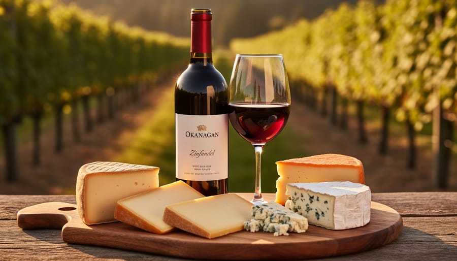 Zinfandel bottle and red wine glass beside a selection of aged Gouda, sharp cheddar, washed-rind cheese, and blue cheese on a rustic tasting board.