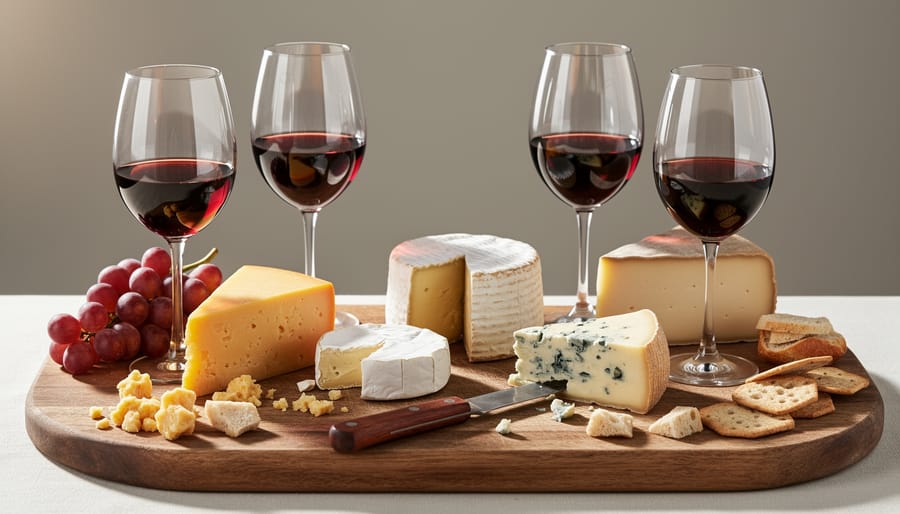 A wooden tasting board with sliced cheeses and two glasses of white and red Zinfandel in soft natural light.