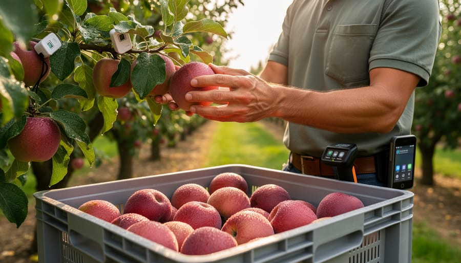 Farmer’s hands holding a freshly picked apple in an orchard.