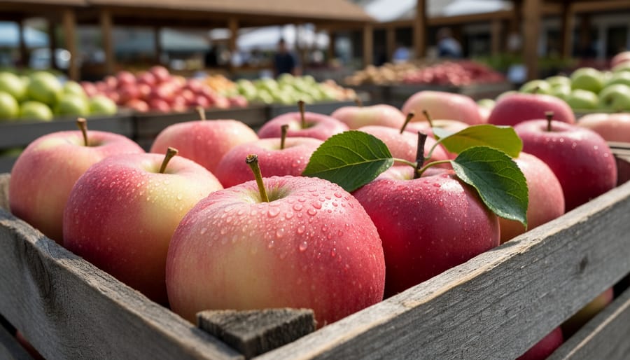 Red and green apples placed in a wooden crate inside a bright orchard packing shed.