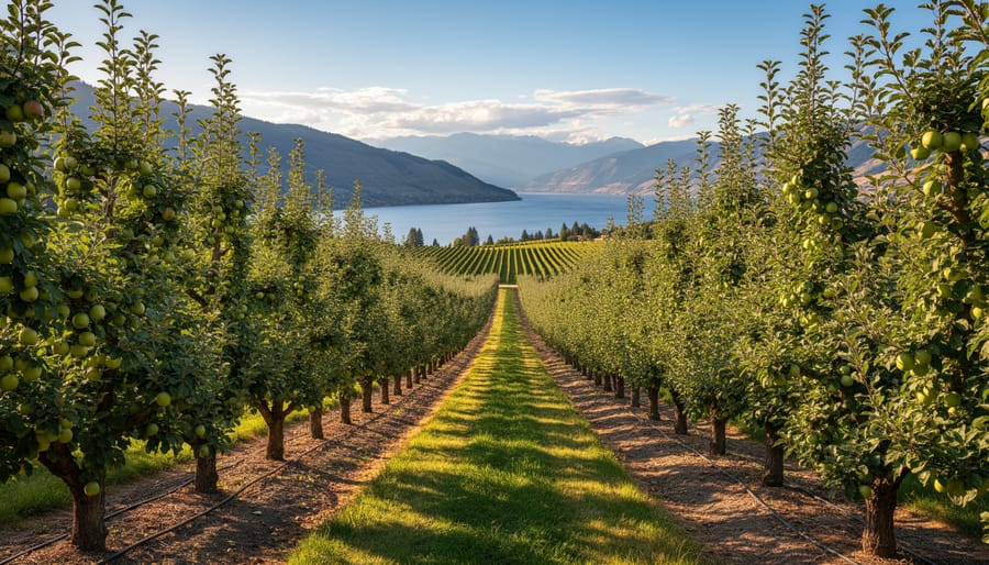 Sunset view down an Okanagan orchard row with apple branches and fruit along the trellis.