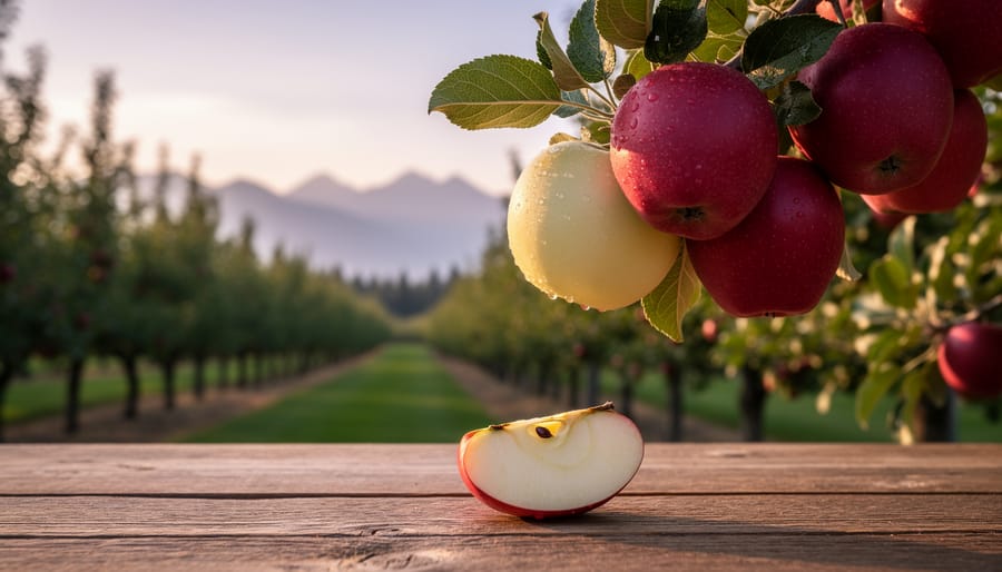Sunlit Okanagan Valley apple orchard with apples on a branch and a freshly sliced apple on a wooden table, inspired by Okanagan Specialty Fruits’ non-browning Arctic Apple innovation.