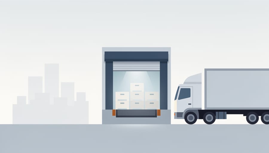 Refrigerated truck at a loading dock with stacked apple crates visible through the open rear door.